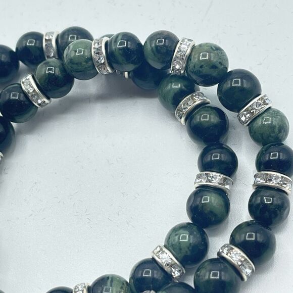 Kambaba jasper green black rhinestone bling beaded stretch bracelet ONE NEW crys - Picture 3 of 7